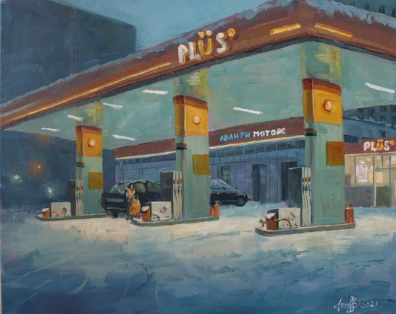 THE EVENING GAS STATION – original painting cold palette realistic style winter city