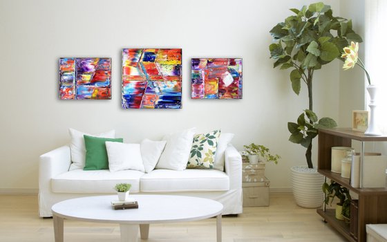 "Seeing All The Angles" - FREE USA SHIPPING - Original PMS Abstract Triptych Oil Paintings On Canvas - 64" x 24"