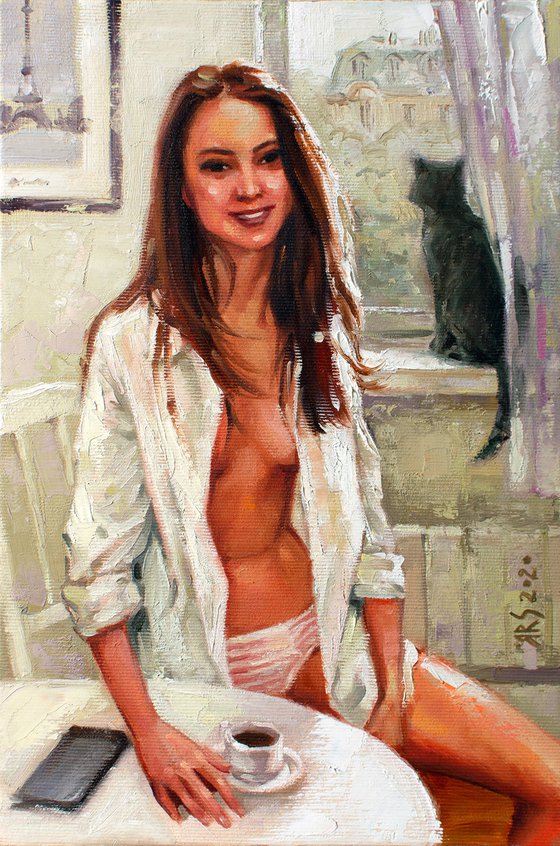 Morning Coffee in Paris by Yaroslav Sobol  (Modern Impressionistic Romantic Beautiful Girl Oil painting Gift)