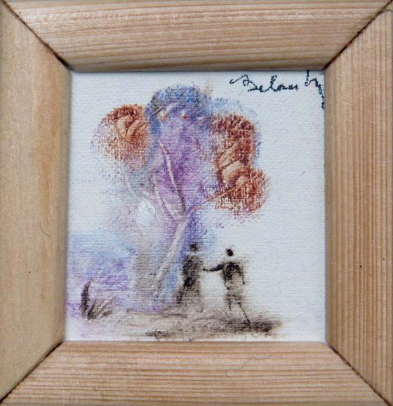 Encounter, miniature oil painting on canvas 7x7 cm framed and ready to hang