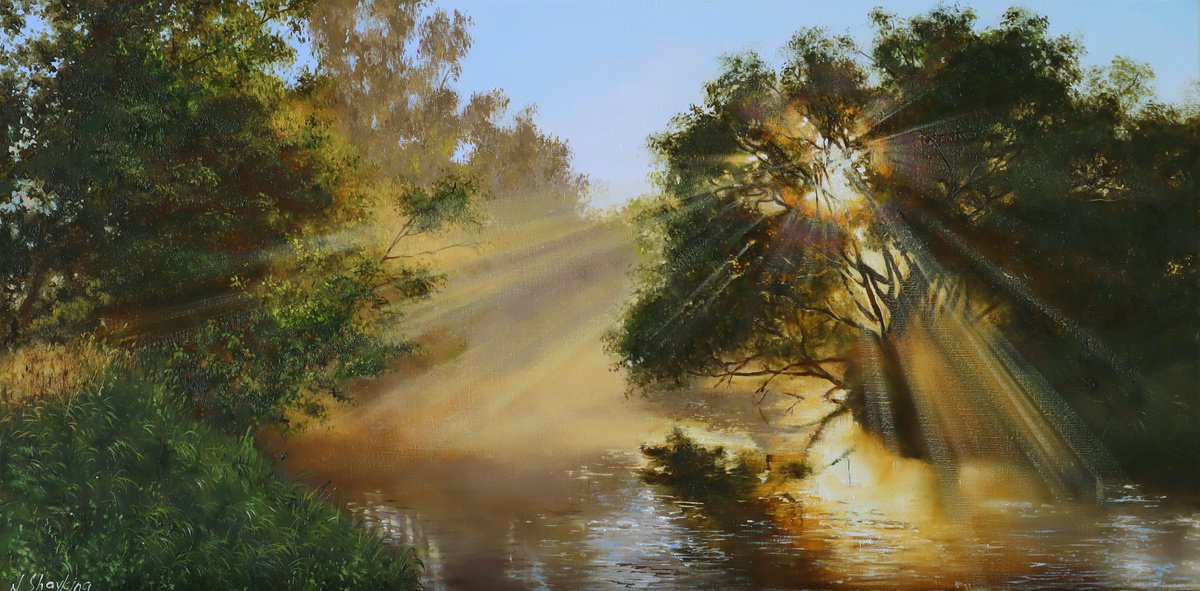 Morning Sunrise Landscape. 12x24 in (30x60 cm) Nature Original Oil Painting on Canvas Art by Natalia Shaykina