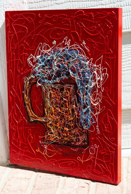 Beer Mug Modern Pollock Effects on a Wooden Panel. -  (11”X 14”X0.5"  -  inspired by Pollock
