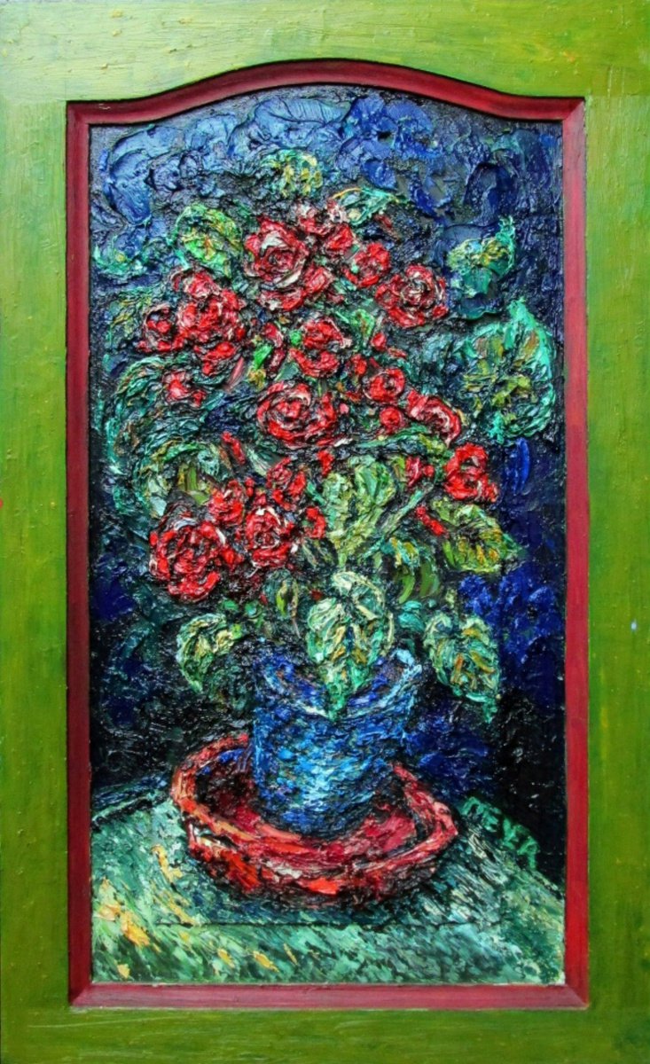 Impressionistic Botanical Oil Painting By Richard Meyer, 18 X 30", Begonias On Green, Original Artwork