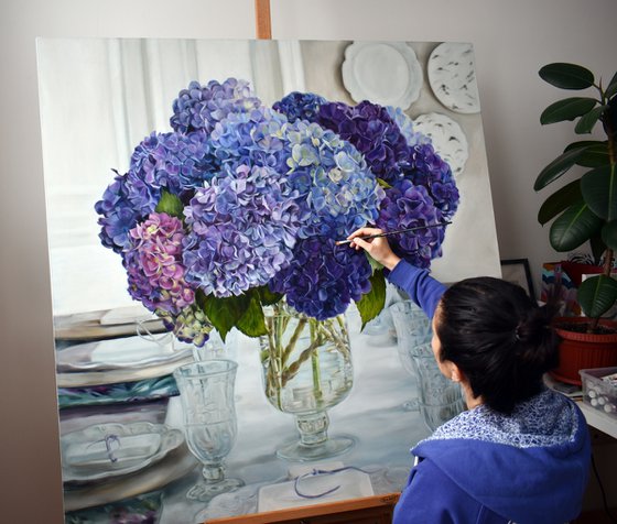 Big oil painting with purple hydrangea 120*120 cm