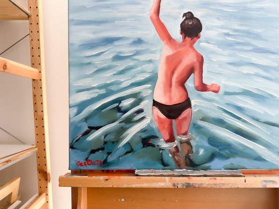 Swimming - Swimmer Woman in Ocean Painting