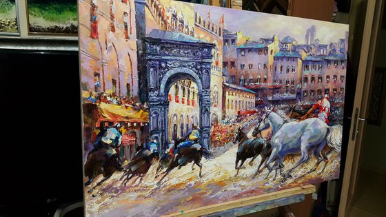 Palio di Siena - horse race, original oil painting