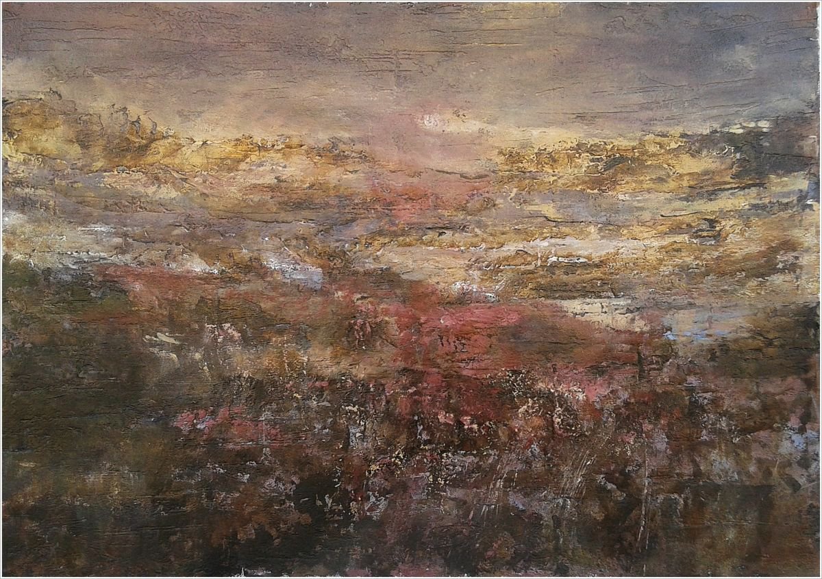 MY LAND #2, 70x50cm, dramatic distant view panoramic rocks fields abstract landscape by Emilia Milcheva