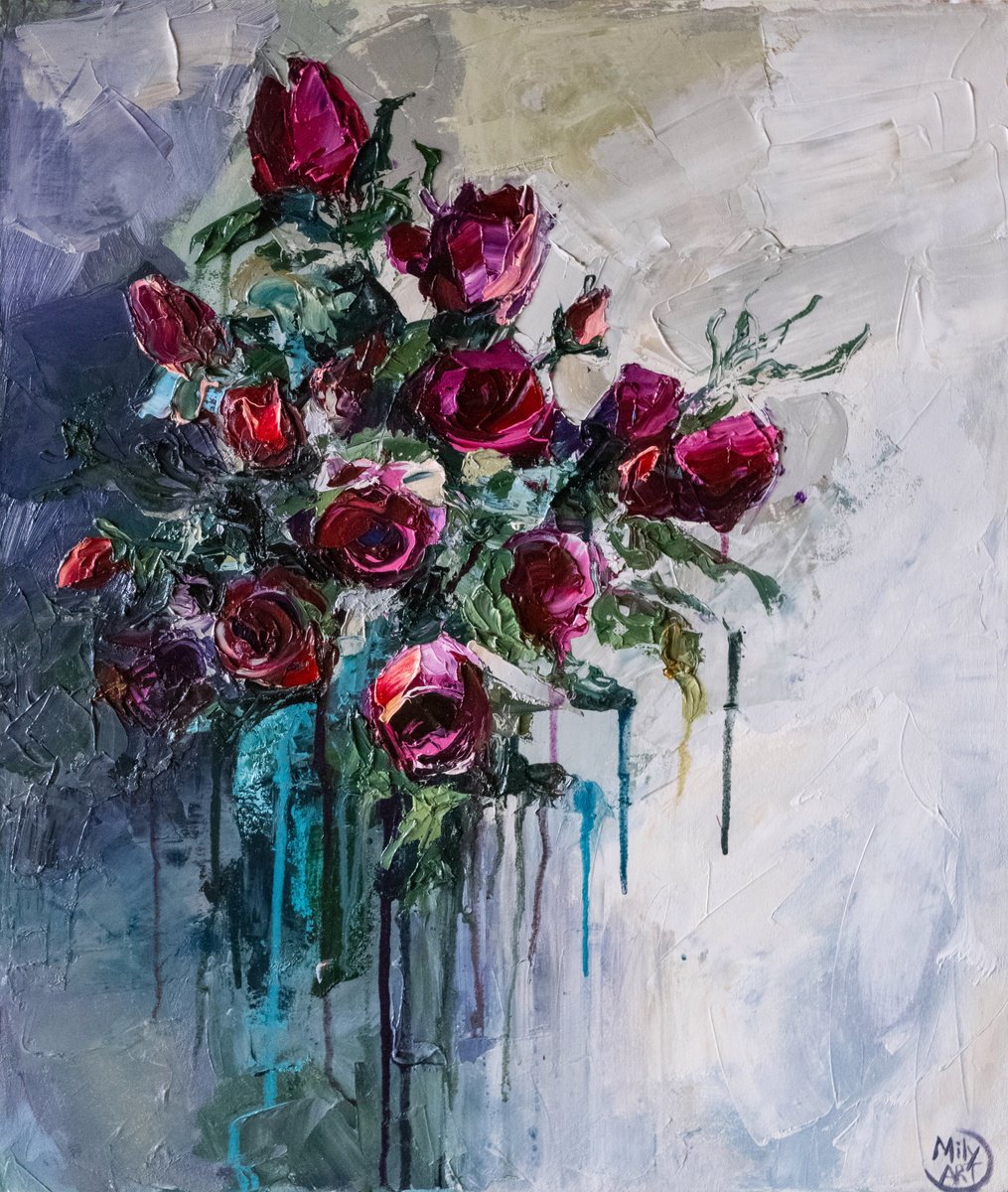Impressionistic Botanical Oil Painting By Mily Art, 20 X 24", Red Roses Textured Painting, Original Artwork