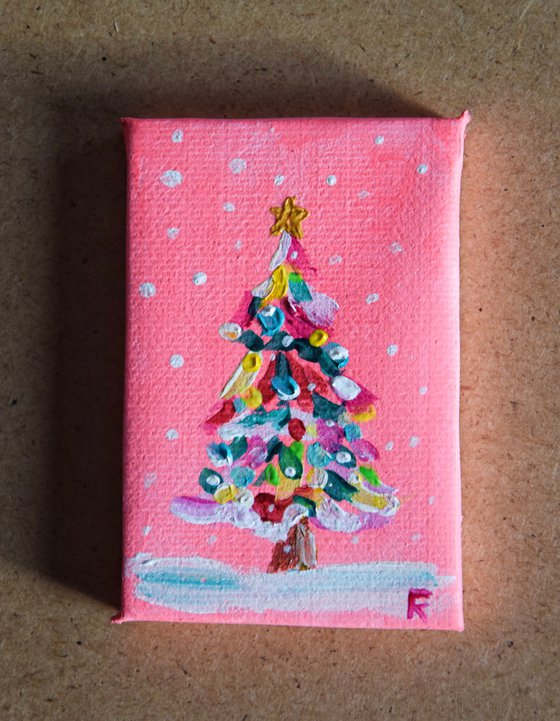 Christmas tree original mini acrylic painting on canvas, New Year pine tree picture on easel