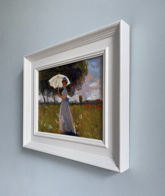 Woman with a Parasol; Framed & ready to hang home decor gift oil painting.