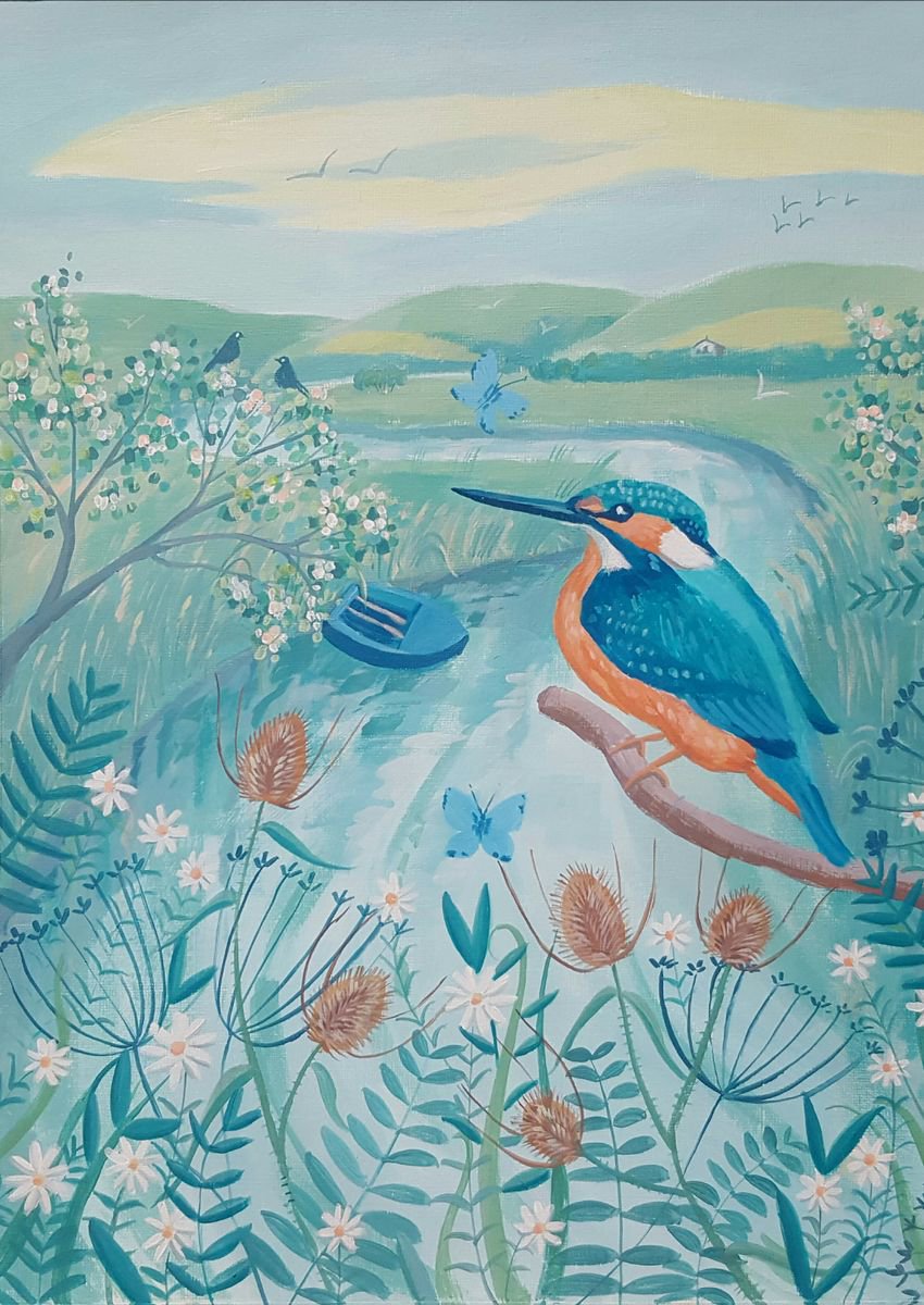 Impressionistic Animal Acrylic Painting By Mary Stubberfield, 11 X 16", Kingfisher With Flowers, Original Artwork