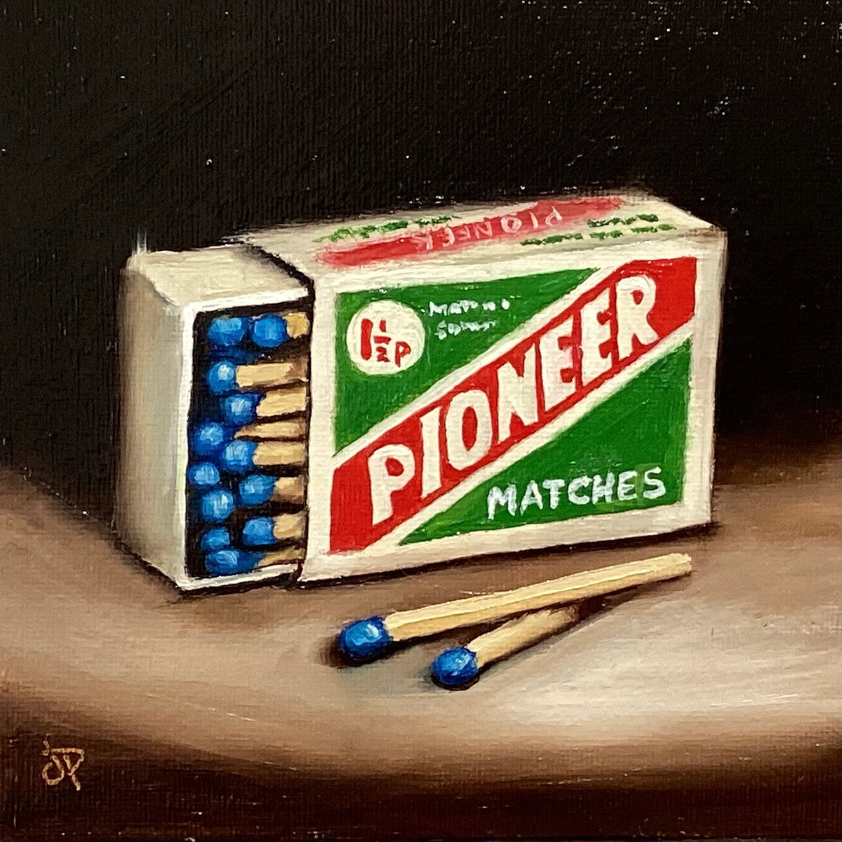 Photorealistic Still Life Oil Painting By Jane Palmer Art, 9 X 9, Vintage Pioneer Matches, Original Artwork