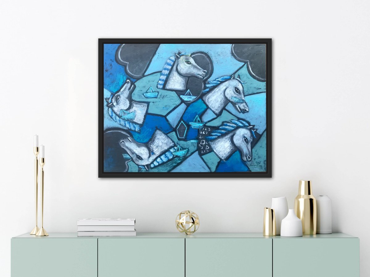 Geometric Animal Oil Painting By Roberto Munguia Garcia, 30 X 24", Boats And Horses, Original Artwork