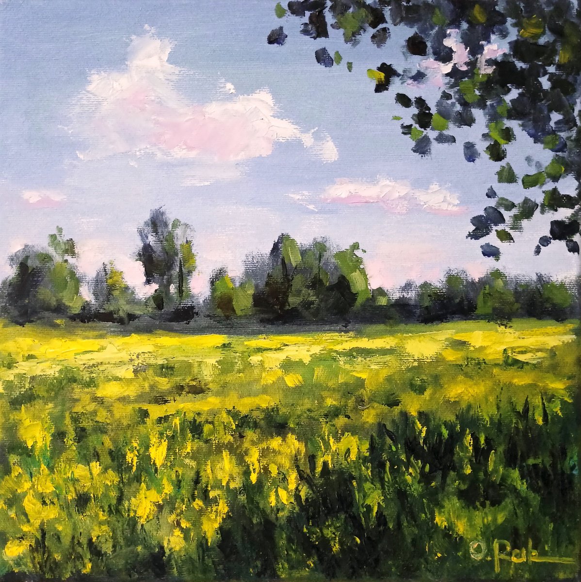 Impressionistic Landscape Oil Painting By Oleh Rak, 12 X 12", Blooming Meadow, Original Artwork