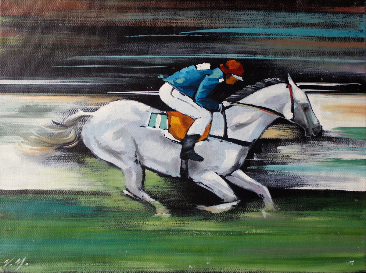 Illustrative Animal Acrylic Painting By Volodymyr Melnychuk, 16 X 12", Horse Racing, Original Artwork