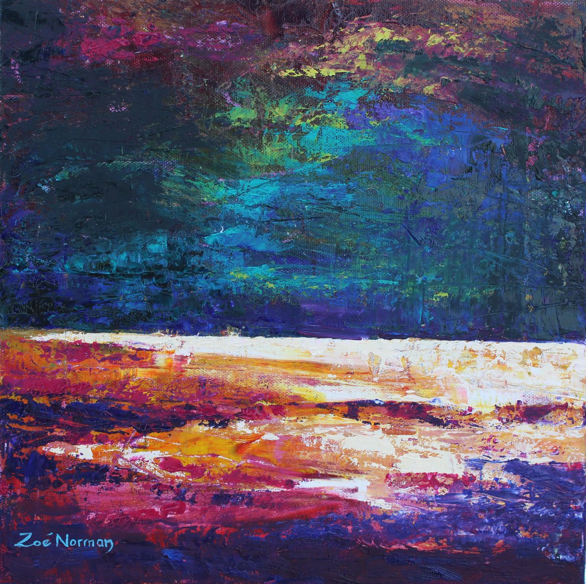 Abstract Oil Painting By Zoe Elizabeth Norman, 12 X 12", Black Sky, Original Artwork