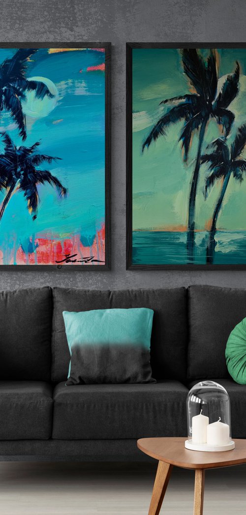 Big XXL painting - "Bright palms" - Pop Art - Palms and Sea - Night Seascape - Huge painting by Yaroslav Yasenev