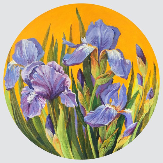 Irises. Spring 2022. No war. Round bright painting.