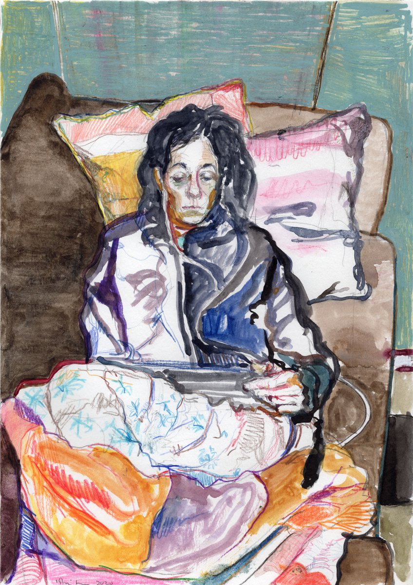 Illustrative Portrait Painting By Ishai Rimmer, 8 X 12, Girl On The Sofa, Original Artwork