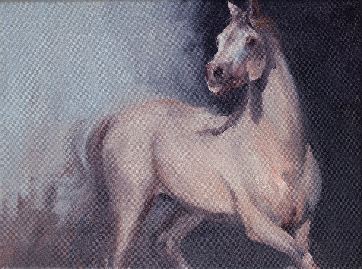 Expressive Animal Oil Painting By Zil Hoque, 16 X 12", Arabian White (Study), Original Artwork