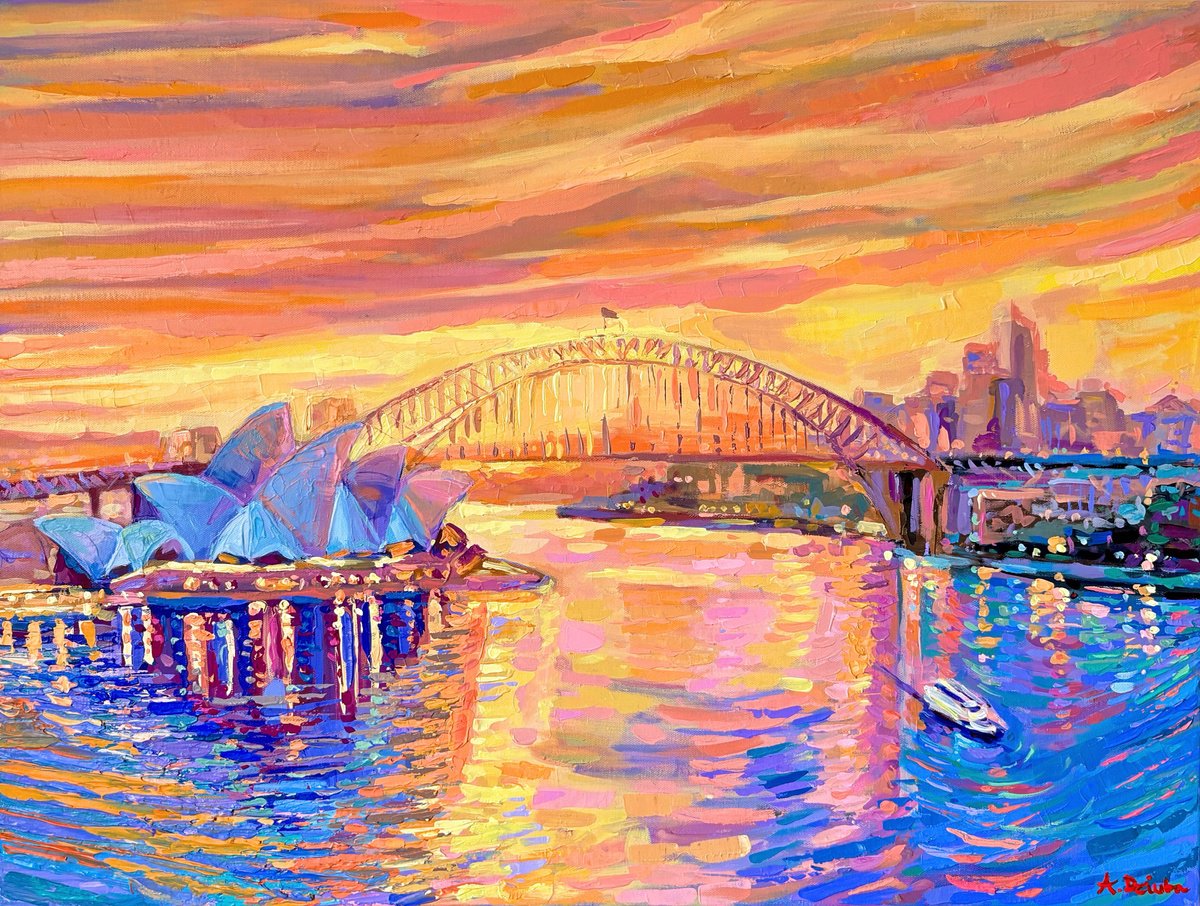 Impressionistic Cityscapes Acrylic Painting By Adriana Dziuba, 32 X 24, Sydney Harbour At Sunset, Original Artwork