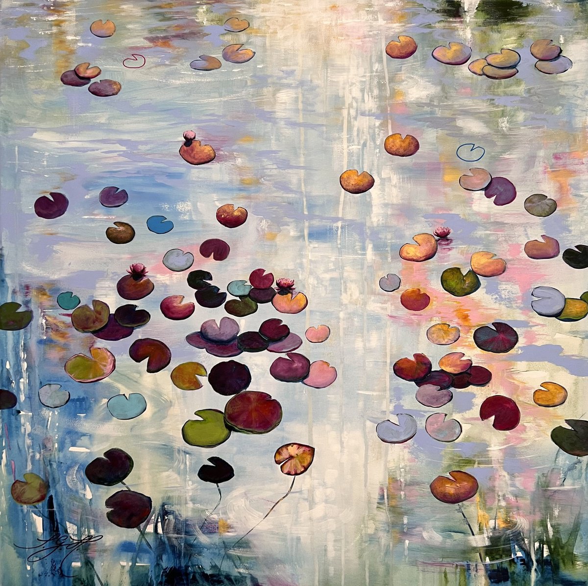 Impressionistic Landscape Acrylic Painting By Sandra Gebhardt-Hoepfner, 31 X 31", Happy At The Pond 1, Original Artwork
