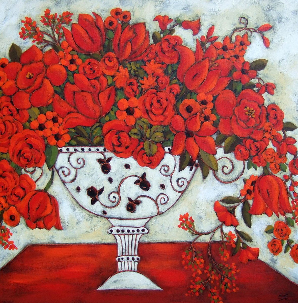 Impressionistic Botanical Acrylic Painting By Karen Rieger, 30 X 30", Ivory Vase With Red Tulips, Original Artwork