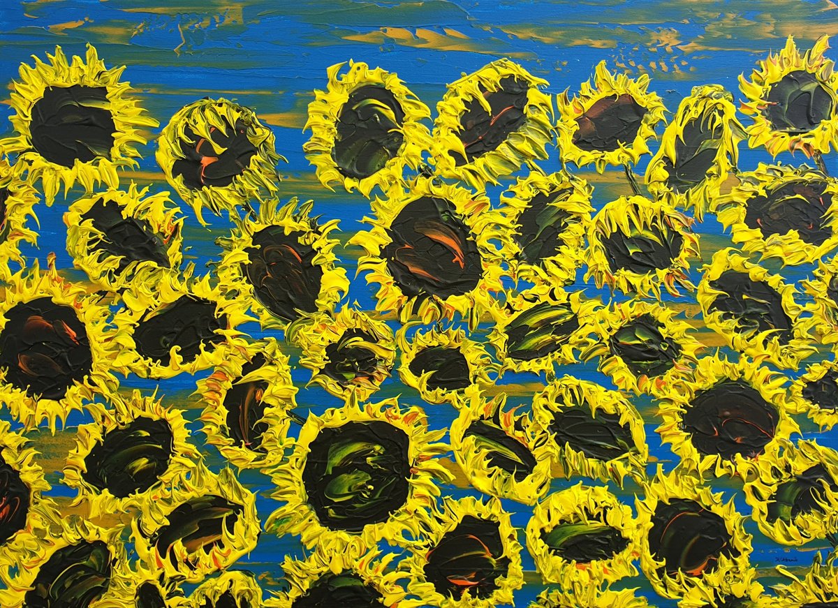 Impressionistic Landscape Acrylic Painting By Daniel Urbani?k, 28 X 20, Blooming Sunflowers 6, Original Artwork