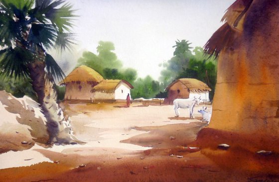 Morning Rural Village - Watercolor Painting