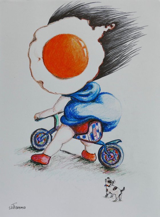 Drawing of Egg girl on her bike watched by her dog.