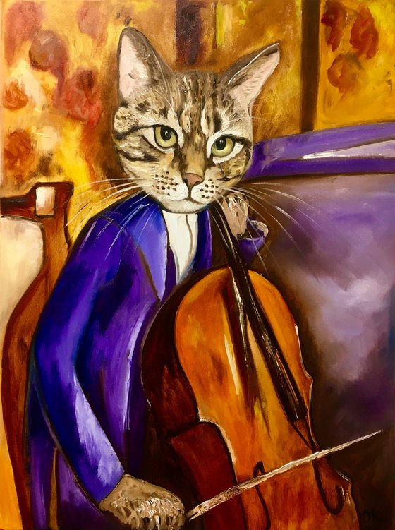 Cat Cellist inspired by Amedeo Modigliani.FELINE ART FOR CAT LOVERS GIFT IDEA