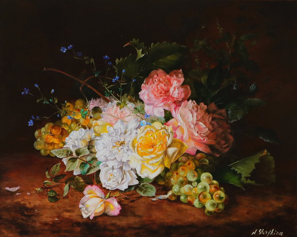 Photorealistic Oil Painting , Roses And Grapes On Dark Background By Natalia Shaykina, 20 X 16, Artwork For Sale On Artfinder