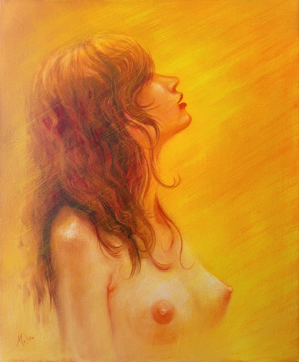 Expressive Portrait Oil Painting By Isabel Mahe, 18 X 22, i? Soleil ! (O Sun !), Original Artwork