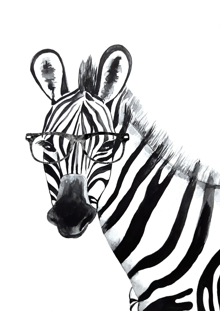 Illustrative Animal Watercolour By Luba Ostroushko, 12 X 17", Zebra With Glasses, Original Artwork