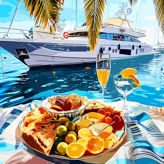 Breakfast with fruit juice and cocktail. Chic rich luxury vacation holiday on a yacht ship in the sea ocean. Positive relax sunny bright colorful wall art for marine home decor. Art Gift