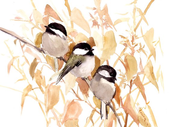 Three Chickadee Birds and Fall Foliage