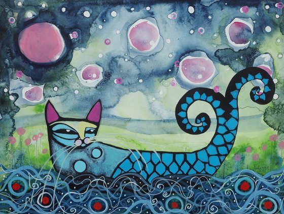 Happy Night Swim - funny cat art