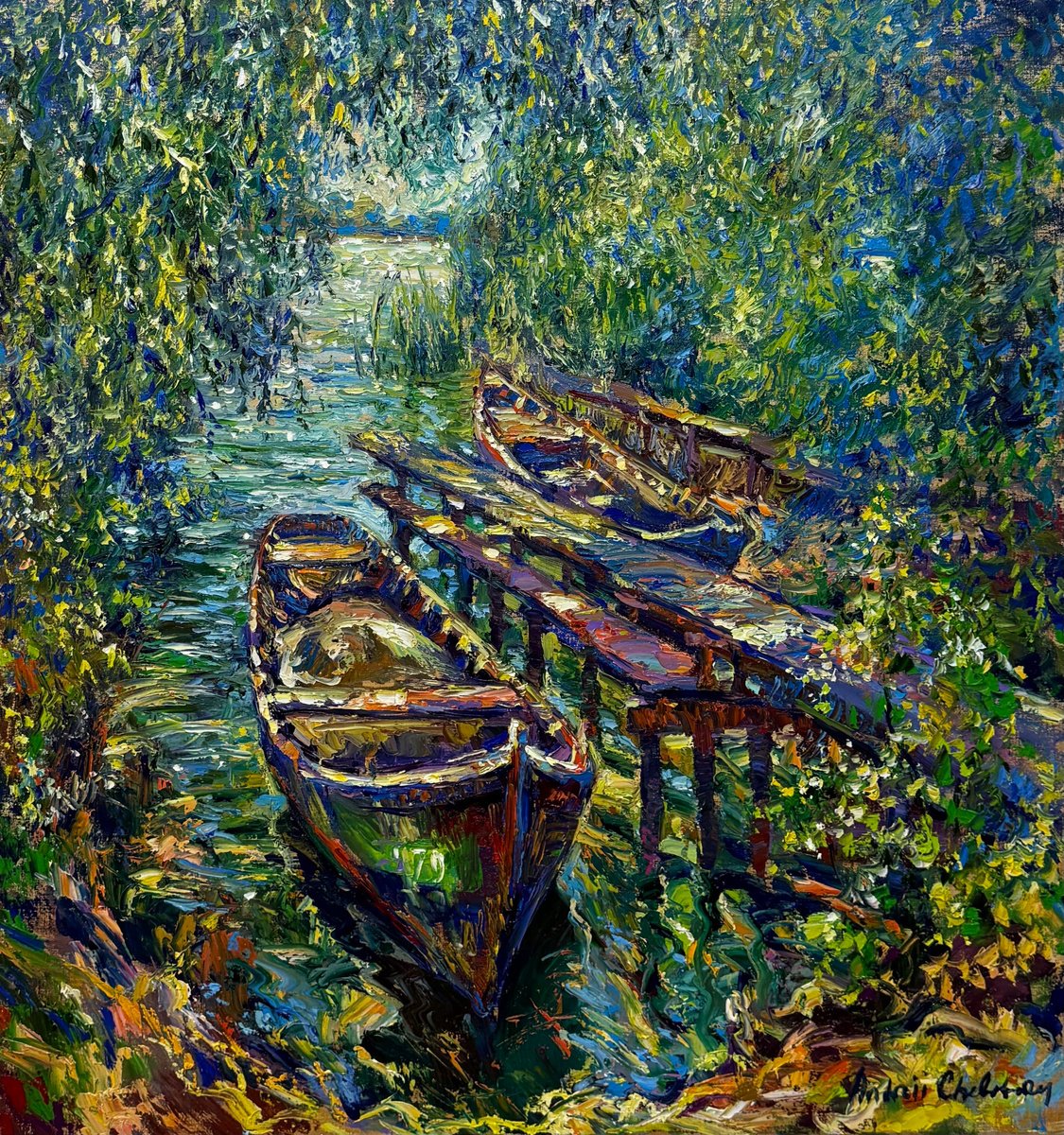Impressionistic Landscape Oil Painting By Andrii Chebotaru, 37 X 39, The Mirror Of The Danube, Original Artwork