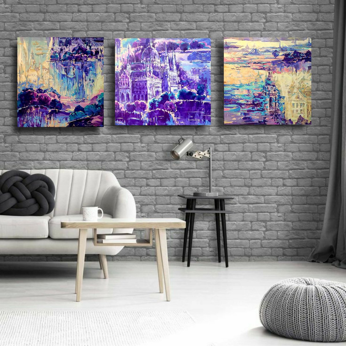 Cityscapes Oil Painting By Natalia Yampolskaia, 98 X 31", Castles Of Budapest Triptych, Original Artwork