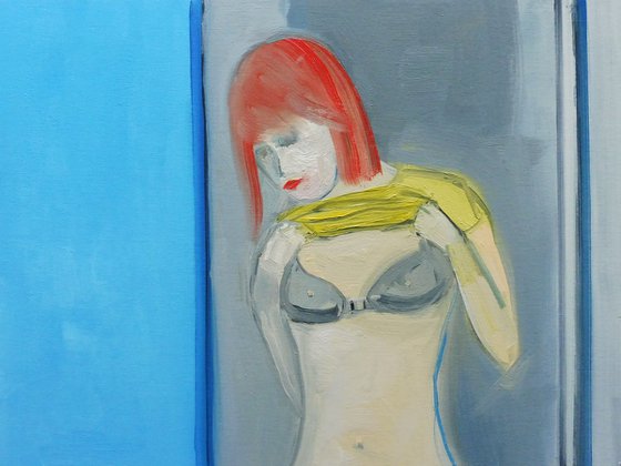 FEMALE REDHEAD UNDRESSING  with BLACK BRA. Original Female Figurative Oil Painting. Varnished.