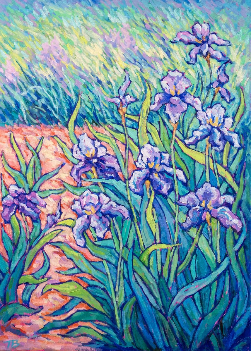 Impressionistic Botanical Oil Painting By Tao Bai, 20 X 28", Purple Iris, Original Artwork
