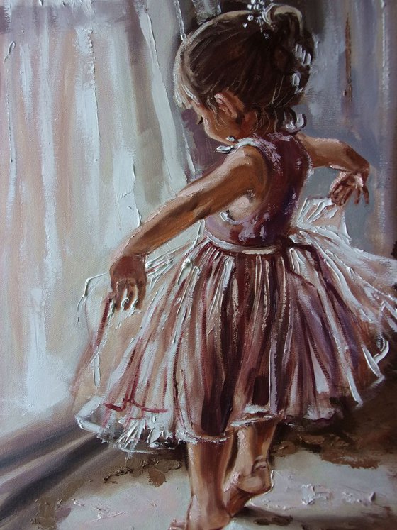 " WILL BE A STAR ... "-  little dancer liGHt ballet ORIGINAL OIL PAINTING, GIFT, PALETTE KNIFE