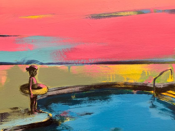 Bright painting - "Girl with float" - Pop Art - Landscape - Swimming pool