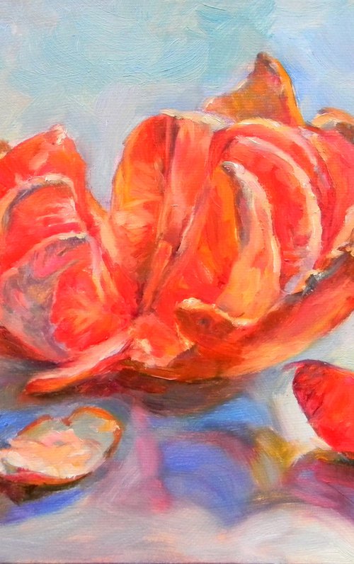 Grapefruit 4 (from the series "Citrus fruits on a blue background") by Liudmyla Chemodanova