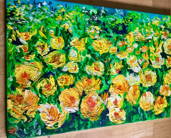 FIELD OF YELLOW, ORANGE, WHITE  ROSES  palette knife modern decor MEADOW OF FlOWERS, LANDSCAPE,  office home decor gift
