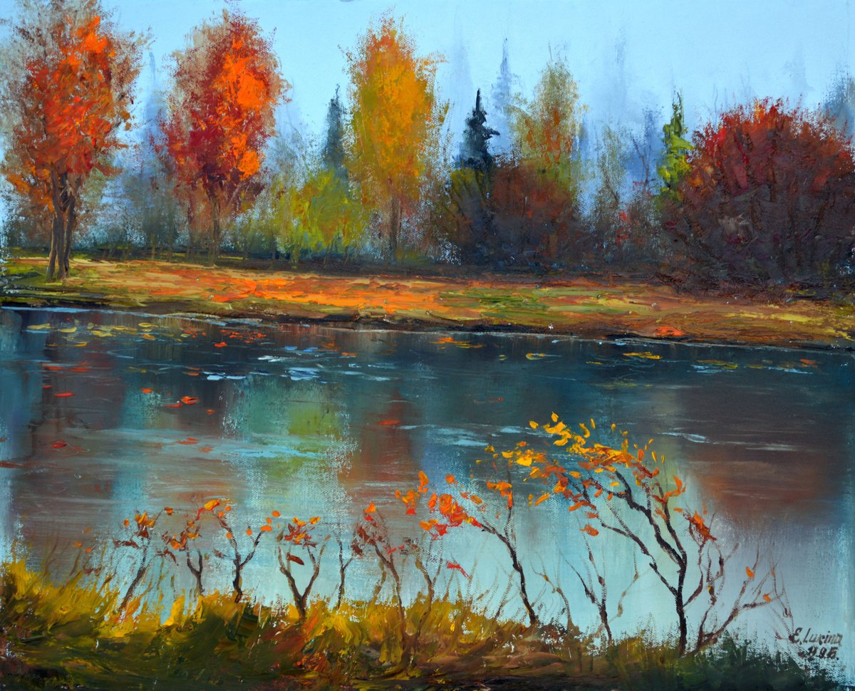 Expressive Landscape Oil Painting By Elena Lukina, 20 X 16, Autumn Mood, Original Artwork