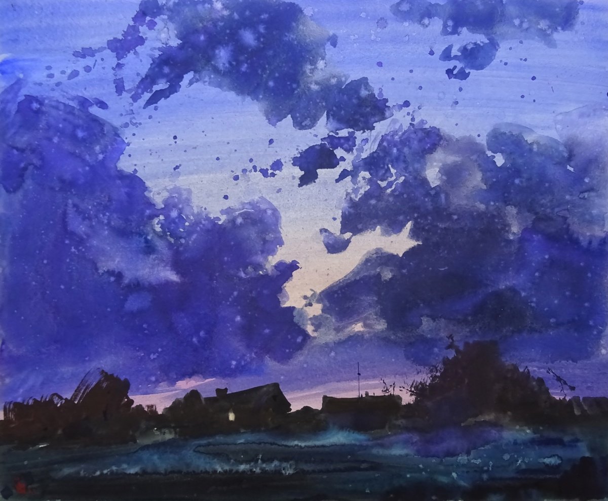 Impressionistic Landscape Watercolour By Maksym Kisilov, 23 X 19", "Restless Evening", Original Artwork