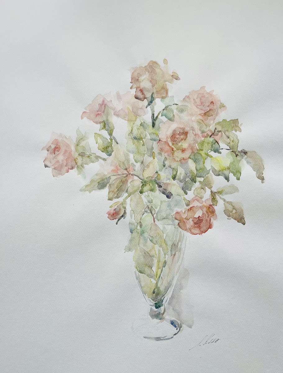 Impressionistic Botanical Watercolour By Elena Klyan, 20 X 26, Roses #7 50X65Cm 2025, Original Artwork