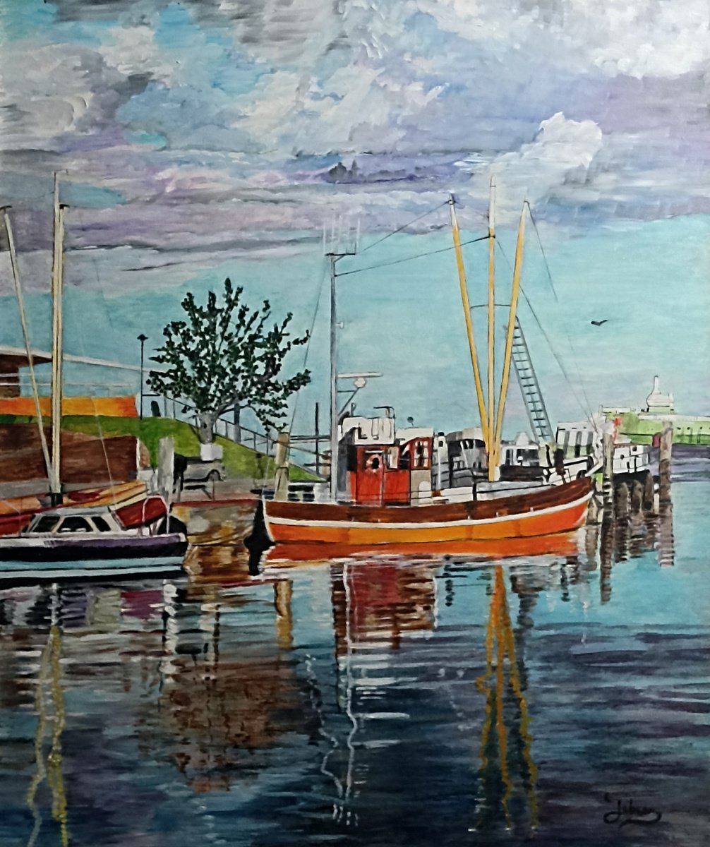 Impressionistic Landscape Oil Painting By Isabelle Lucas, 21 X 26, Fishermen