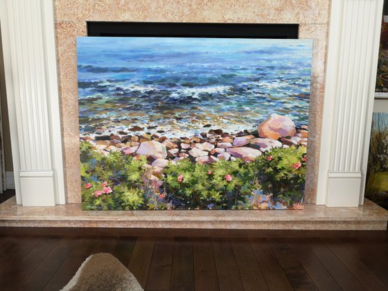 "Rose bushes by the shoreline", original one of a kind acrylic on canvas impressionistic painting (30x40")